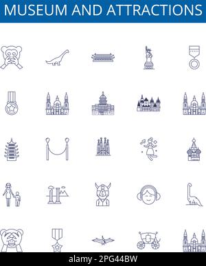 Museum und Sehenswürdigkeiten sind mit Symbolschildern versehen. Design-Sammlung von Museum, Attraktionen, Kulturerbe, Kunst, Kultur, Ausstellungen, Galerien, Architektur Stock Vektor