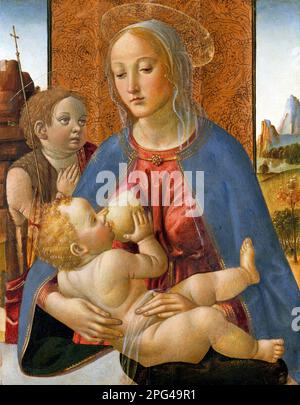 Madonna and Child with the Young Saint Johannes the Baptist (Madonna und Kind mit dem jungen Heiligen Johannes dem Täufer) vom italienischen Künstler Cosimo Rosselli (1439–1507), Temperaöl und Gold auf Holz, c. 1490 Stockfoto