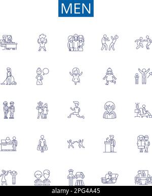 Männer Liniensymbole Zeichen gesetzt. Design-Sammlung von Männern, Geschlecht, Männlichkeit, Identität, Kultur, Gesellschaft, Geschichte, Stereotype, Konzipvektor Stock Vektor