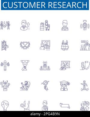 Symbole für Kundenrecherche sind gesetzt. Designsammlung von Kunden, Forschung, Umfrage, Einblicke, Feedback, Segmentierung, Analyse, Verhaltensstruktur Stock Vektor
