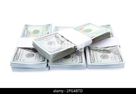 Bündel von Dollar-Banknoten auf weißem Hintergrund. Amerikanische Landeswährung Stockfoto