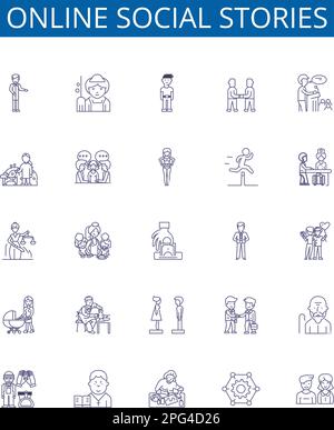 Symbole für Online-Social-Storys sind gesetzt. Design-Sammlung von Netzwerken, Sozialisieren, Geschichtenerzählen, Interaktion, Verbinden, Freigeben, Veröffentlichen Stock Vektor