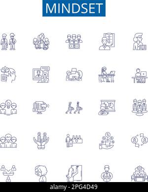 Mindset Line Icons Zeichen gesetzt. Design-Sammlung von Einstellung, Ausblick, Perspektive, Psyche, Disposition, Weltanschauung, Denken, Tenor-Konzept Stock Vektor