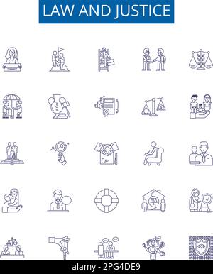 Symbole für Recht und Gerechtigkeit sind gesetzt. Design Sammlung von Recht, Justiz, Jurisprudenz, Gesetzgebung, Recht, Gesetzlich, Präzedenzfall, Rechtschaffenheit Stock Vektor