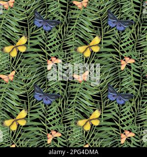 Tropische Pflanzen mit nahtlosem Muster und Schmetterlingsfarben, isoliert auf weißem Hintergrund. Wasserfarben handgezeichnete botanische Darstellung für Designverpackungen Stockfoto