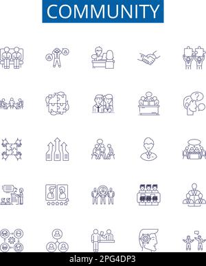 Symbole für die Community-Linie sind eingerichtet. Design-Sammlung von Gesellschaft, Gemeinschaft, Netzwerk, Clan, Gemeinde, Gruppe, Allianz, Stamm, Konturenkonzept-Vektor Stock Vektor