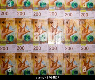 Schweizer Franken von 200 (zweihundert) Banknoten in der Schweiz. Stockfoto
