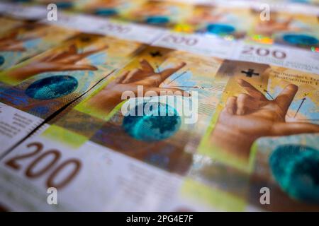 Schweizer Franken von 200 (zweihundert) Banknoten in der Schweiz. Stockfoto