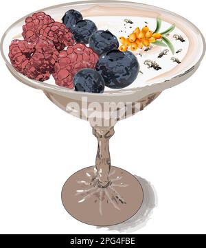 Panna-Cotta-Dessert in einem Glas mit Beerenobstvektor. Retro-Vintage-Farben Stock Vektor