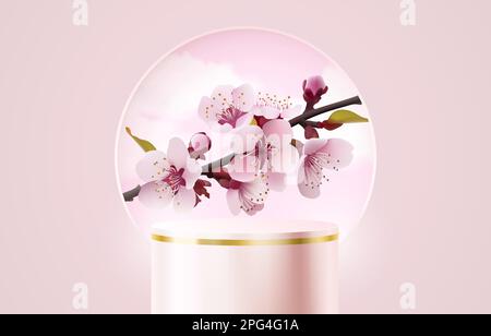 Romantische Podiumpräsentation, Saisonbanner-Schönheit, Sakura-Feiertagsveranstaltung. Vektordarstellung Stock Vektor