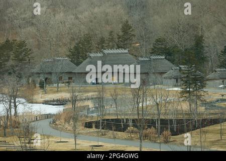 16. März 2023, Shiraoi, Hokkaido, Japan: Das traditionelle Dorf Ainu (Kotan) ist im National Ainu Museum and Park (Upopoy) in Shiraoi zu sehen. Upopoy ist ein Zentrum für Entwicklung, Schaffung und Wiederbelebung, das im Juli 2020 als „symbolische Region für ethnische Einheit“ am Lake Poroto eröffnet wurde. Menschen können durch alle fünf Sinne mehr über die Geschichte, Kultur und das Essen des Ainu erfahren. Ainu-Kultur und Initiativen für ein CO2-freies Hokkaido, wie Japans erste CCS-Anlage (Kohlenstoffabscheidung und -Speicherung) im Meeresboden im Hafengebiet von Tomakomai, die Erneuerbare-Energien-Zone in Ishikari und das Moerenu Stockfoto