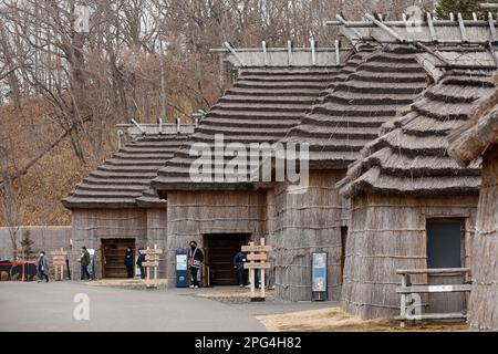 16. März 2023, Shiraoi, Hokkaido, Japan: Das traditionelle Dorf Ainu (Kotan) ist im National Ainu Museum and Park (Upopoy) in Shiraoi zu sehen. Upopoy ist ein Zentrum für Entwicklung, Schaffung und Wiederbelebung, das im Juli 2020 als „symbolische Region für ethnische Einheit“ am Lake Poroto eröffnet wurde. Menschen können durch alle fünf Sinne mehr über die Geschichte, Kultur und das Essen des Ainu erfahren. Ainu-Kultur und Initiativen für ein CO2-freies Hokkaido, wie Japans erste CCS-Anlage (Kohlenstoffabscheidung und -Speicherung) im Meeresboden im Hafengebiet von Tomakomai, die Erneuerbare-Energien-Zone in Ishikari und das Moerenu Stockfoto