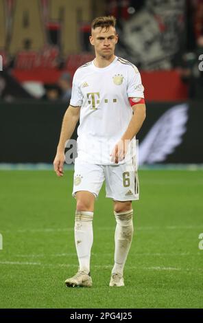 Leverkusen, Deutschland. 19. März 2023. Joshua Kimmich (Bayern), Leverkusen, Deutschland. 19. März 2023. 1. Bundesliga, Spieltag 25, Bayer 04 Leverkusen - FC Bayern München. Die DFL-VORSCHRIFTEN VERBIETEN DIE VERWENDUNG VON FOTOS ALS BILDSEQUENZEN UND/ODER QUASI-VIDEO. Kredit: Juergen Schwarz/Alamy Live News Stockfoto