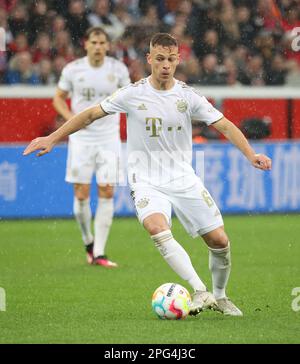 Leverkusen, Deutschland. 19. März 2023. Joshua Kimmich (Bayern), Leverkusen, Deutschland. 19. März 2023. 1. Bundesliga, Spieltag 25, Bayer 04 Leverkusen - FC Bayern München. Die DFL-VORSCHRIFTEN VERBIETEN DIE VERWENDUNG VON FOTOS ALS BILDSEQUENZEN UND/ODER QUASI-VIDEO. Kredit: Juergen Schwarz/Alamy Live News Stockfoto