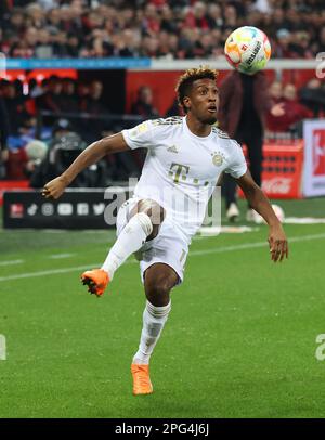 Leverkusen, Deutschland. 19. März 2023. Kingsley Coman (Bayern), Leverkusen, Deutschland. 19. März 2023. 1. Bundesliga, Spieltag 25, Bayer 04 Leverkusen - FC Bayern München. Die DFL-VORSCHRIFTEN VERBIETEN DIE VERWENDUNG VON FOTOS ALS BILDSEQUENZEN UND/ODER QUASI-VIDEO. Kredit: Juergen Schwarz/Alamy Live News Stockfoto