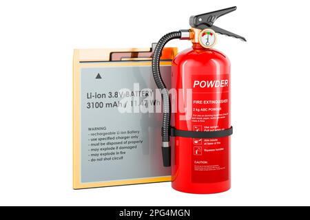 Feuerlöscher mit Batterie, Akkumulator Lithium-Ionen-Telefonbatterie, 3D-Rendering auf weißem Hintergrund isoliert Stockfoto