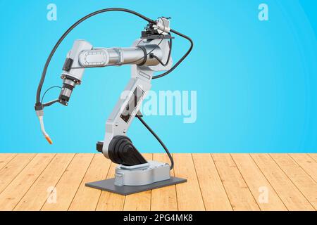 Roboterschweißen auf dem Holztisch, 3D-Rendering Stockfoto