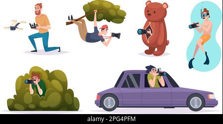 Paparazzi. Fotoreporter Fotografen mit Kameras exakte Vektorzeichner Arbeiter Stock Vektor