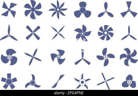 Symbol für Schiffsschrauben. Schraubensymbole für See- oder Flugzeugturbinen. Schiffsmotoren drehen, Fan-Silhouetten-Set. Isolierte Flugblätter in gutem Zustand Stock Vektor