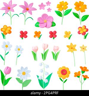 Blumen 3D Elemente. Sommerblumenspielzeug, Ton, Plastikinimitation. Farbe Tulpen, Kamille, Gras. Isoliertes, realistisches, feines Vektorset Stock Vektor
