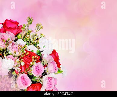 Grußkarte mit roten und rosafarbenen Rosen, weißen Nelken in der Ecke und Platz für Glückwunschtext auf unscharfem rosa Hintergrund mit Bokeh. Festliche Musik Stockfoto