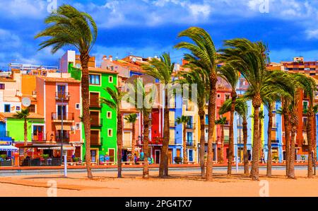 Farbenfrohe Häuser in Villajoyosa, Spanien Stockfoto