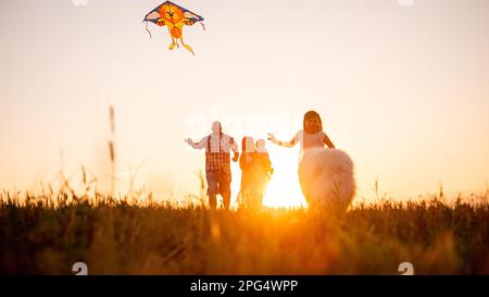 Panorama-Silhouette für eine Familie mit Samoyed, der bei Sonnenuntergang mit Drachen am Himmel rennt. Blick von unten durch die Ohren. Vater hält Spielzeug in den Händen, m Stockfoto