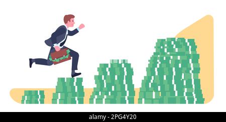 Glücklicher reicher Mann. Ein erfolgreicher Geschäftsmann läuft die Leiter hoch mit einem Koffer voller Geld. Dollarbanknotenstapel. Infografik zur Wirtschaftlichkeit. Unternehmer im Anzug Stock Vektor