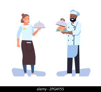 Fröhliche Restaurantkoch und Kellnerin, die mit dem Essen Metallteller hielt. Das Personal im Café. Arbeiter in einheitlich haltenden Speiseplatten. Catering-Service. Kochen Stock Vektor