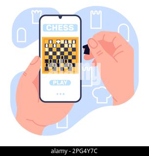 Online-Schachspiel oder -Turnier auf Ihrem Smartphone. Die Hände der Spieler halten das Telefon. Webwettbewerb. Schachbrett mit Turm und Pfandstücken. Wettbewerbsfähig Stock Vektor