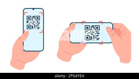 QR-Code wird auf dem Bildschirm des Telefons gescannt. Smartphone-Anwendung. Arme, die das Mobile halten. Digitale Barcode-Identifizierung. Online-Zahlungsdienst. Informationen Stock Vektor