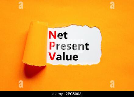 NPV net present value symbol. Concept words NPV net present value on white paper on a beautiful orange background. Business and NPV net present value Stockfoto
