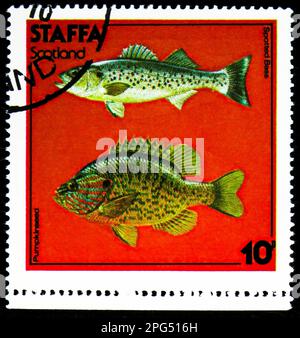 MOSKAU, RUSSLAND - 16. MÄRZ 2023: Briefmarke gedruckt in Cinderellas zeigt Spotted Bass, Pumpkinseed, Staffa Serie, um 1978 Stockfoto