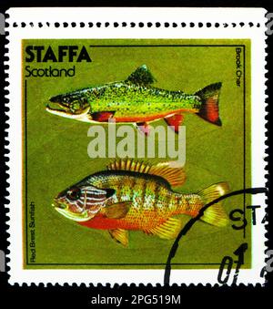 MOSKAU, RUSSLAND - 16. MÄRZ 2023: Poststempel gedruckt in Cinderellas zeigt Brook Char, Red Brest Sunfish, Staffa Serie, circa 1978 Stockfoto