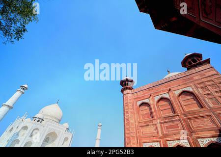 2. März 2023, Agra, Uttar Pradesh, Indien: A view of the Taj Mahal. Das Taj Mahal ist ein Mausoleum am rechten Ufer des Flusses Yamuna - Agra, Indien, erbaut vom Mogul-Kaiser Shah Jahan zum Gedenken an seine Lieblingsfrau Mumtaz. Das Taj Mahal gilt als das beste Beispiel der Mogul-Architektur, ein Stil, der Elemente aus persischen, oman-, indischen und islamischen Architekturstilen kombiniert. Das Taj Mahal steht auf der Liste der modernen sieben Weltwunder und gehört seit 1983 zum UNESCO-Weltkulturerbe. (Kreditbild: © Avishek das/SOPA Images via ZUMA Press Wire) EDI Stockfoto