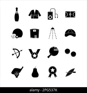 Kollektion von Ikonen mit verschiedenen Sportarten und gesunder Ernährung im einfachen Design Stockfoto