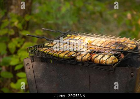 Gegrillte Zucchini-Paprika und Pilze auf dem Grill im Sommer bei einem Picknick im Park, gegrilltes Gemüse Stockfoto