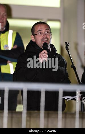 Elmar Gehrke bei der Montags-Demo auf dem Postplatz. Görlitz, 20.03.2023 Stockfoto