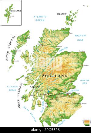 Sehr detaillierte physische Karte von Schottland, im Vektorformat, mit allen Reliefformen, Regionen und Großstädten. Stock Vektor