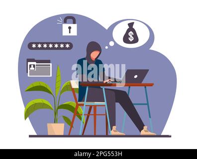 Hacker arbeitet auf einem Laptop, um persönliche Daten und Geld zu stehlen. Online-Kriminalität, anonyme kriminelle Sicherheit, Internet-Netzwerk, Cyberangriffe, Hacking von E-Mails Stock Vektor