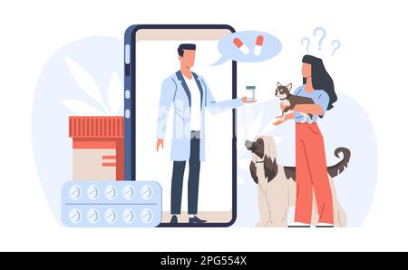 Das Mädchen nutzt Online-Tierarztdienste und spricht mit dem Tierarzt über die Behandlung ihres Hundes. Riesiges Smartphone mit Arzt auf dem Bildschirm. Haustierklinik. Vektor Stock Vektor