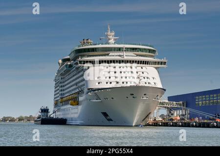 Galveston, Texas, USA - 2023. Februar: Kreuzfahrtschiff Adventure of the Seas im Hafen der Stadt. Es wird von Royal Carribean International betrieben Stockfoto