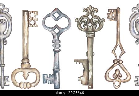 Wasserfarbener, nahtloser Rahmen im Retro-Stil mit Tastenklip. Alte Schlüssel wiederholen Muster Stockfoto