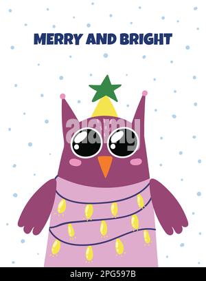 Fröhliche Grußkarte mit einer süßen Eule und Weihnachtslichtern Stock Vektor