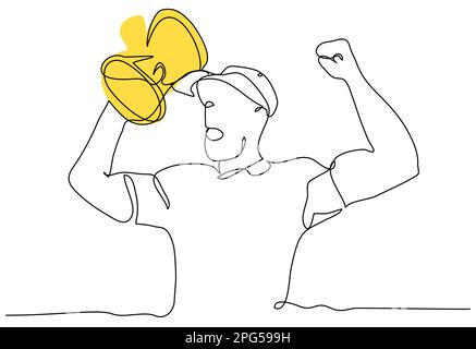 Gewinner mit goldenem Pokal in einer Zeile auf weißem Hintergrund. Stock Vektor
