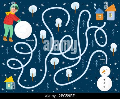 Hilf dem Jungen, einen Schneemann zu bauen. Winterlabyrinth für Kinder. Seite mit Aktivitäten für Vorschulkinder Stock Vektor