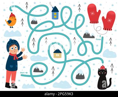 Hilf dem Jungen, Fäustlinge zu finden. Winterlabyrinth für Kinder. Seite mit Aktivitäten für Vorschulkinder Stock Vektor