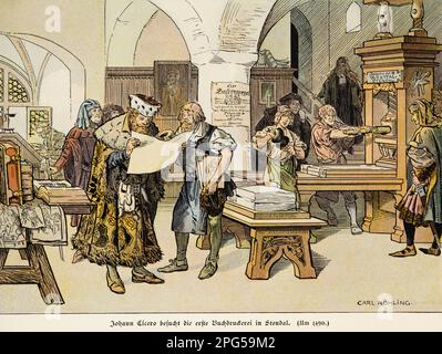 Johann Cicero, Sohn von Albrecht, Kunsthandwerk, Besuch der ersten Druckerpresse in Stendal im Jahr 1490, Geschichte der Hohenzollern, historische Illustration 1899 Stockfoto