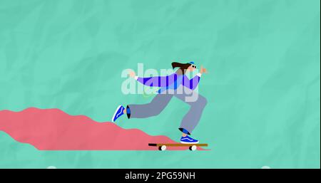 Bild: Stylischer männlicher Skateboarder auf grünem Hintergrund Stockfoto