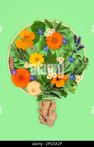 Surreale essbare Sommerblumen und Kräuterbaumform. Flora für pflanzliche Heilmittel, Gewürze und Lebensmitteldekoration. Stockfoto